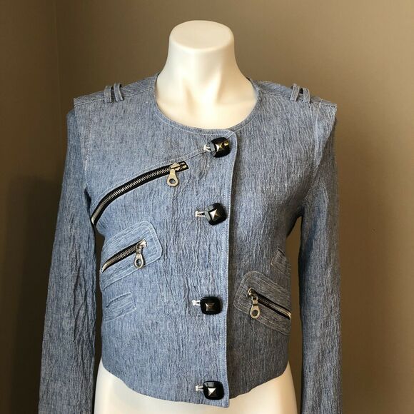 Bensoni Linen Jacket 0 Moto / Biker Cropped Light Blue Pockets Lined - Picture 3 of 12